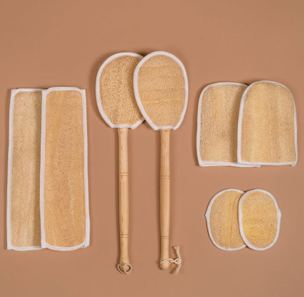 Natural Egyptian Loofah Bundle Wooden Back Scrubber + Glove+ Pad + Long Body Scrubber - NILE SCRUBZ
