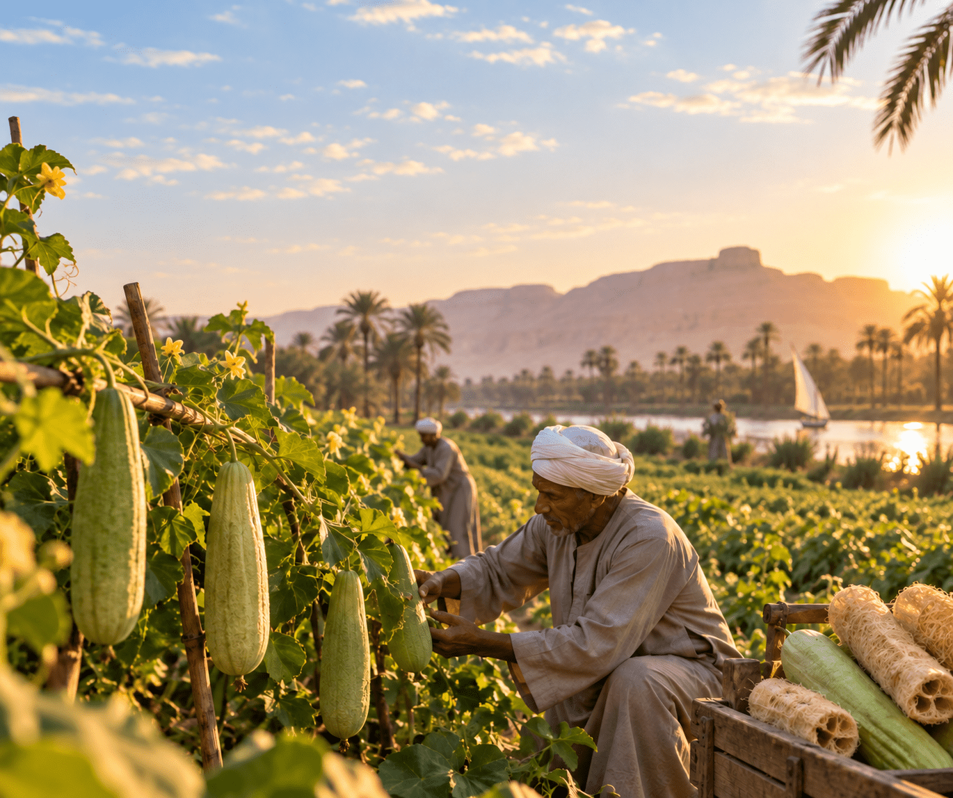 Egyptian farmers harvesting loofah in the Nile Valley
